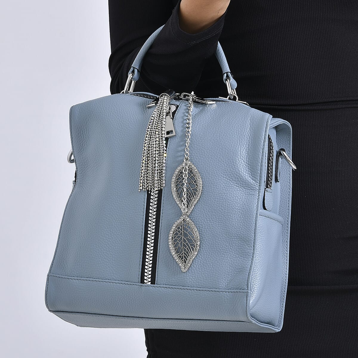 Blue Multi-purpose Genuine Leather Crossbody Bag with Logo Two Leaves Tag & Tassel image number 2