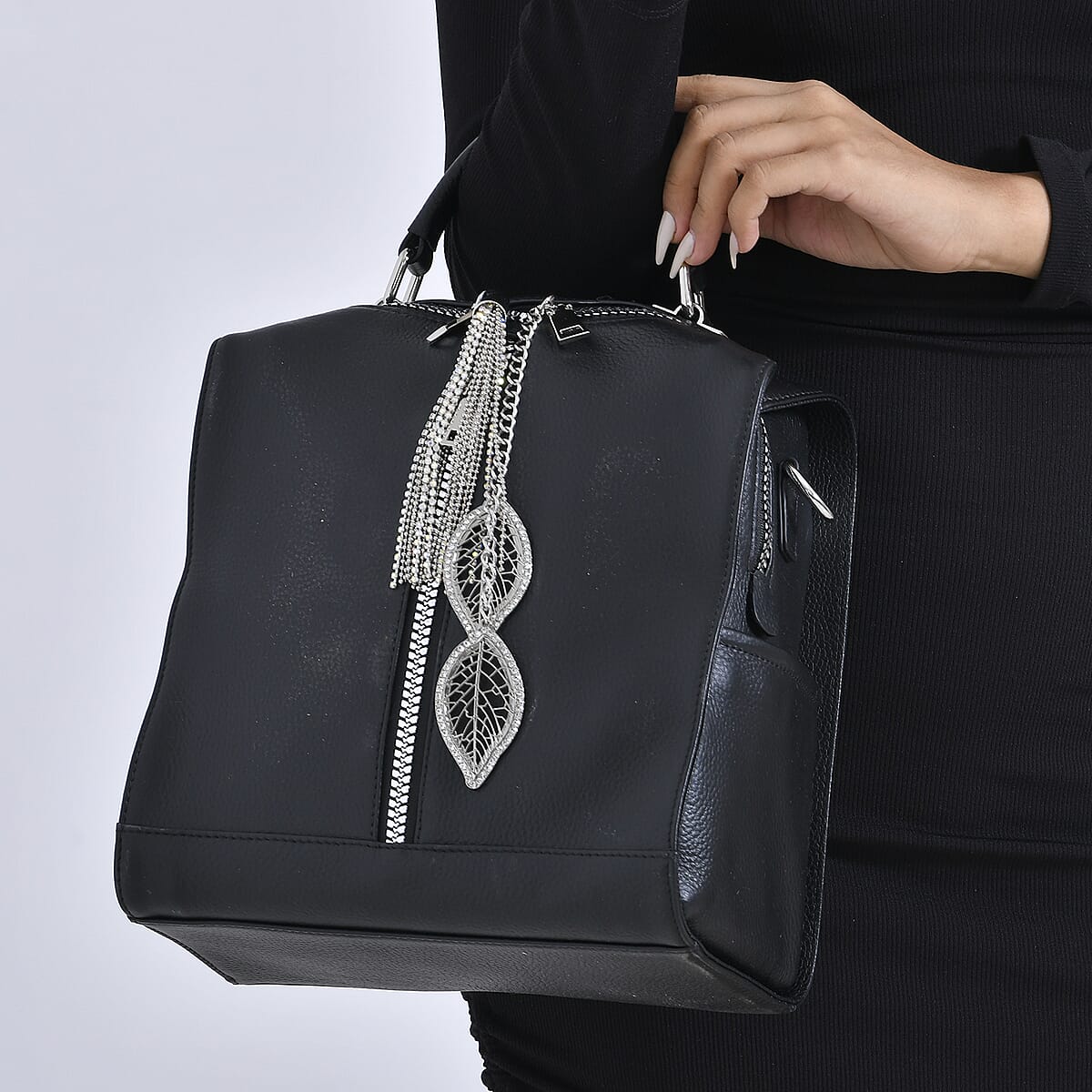 Black Multi-purpose Genuine Leather Crossbody Bag with Logo Two Leaves Tag & Tassel image number 2