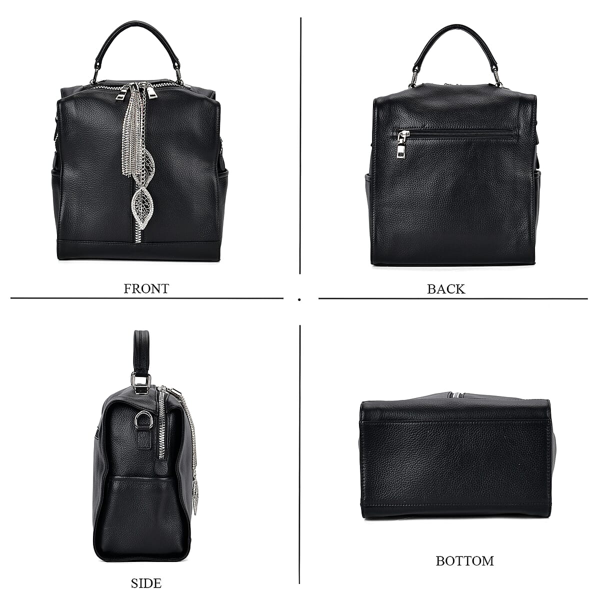 Black Multi-purpose Genuine Leather Crossbody Bag with Logo Two Leaves Tag & Tassel image number 3