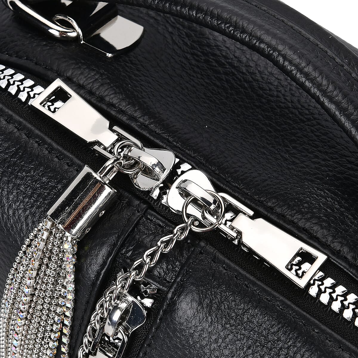 Black Multi-purpose Genuine Leather Crossbody Bag with Logo Two Leaves Tag & Tassel image number 5