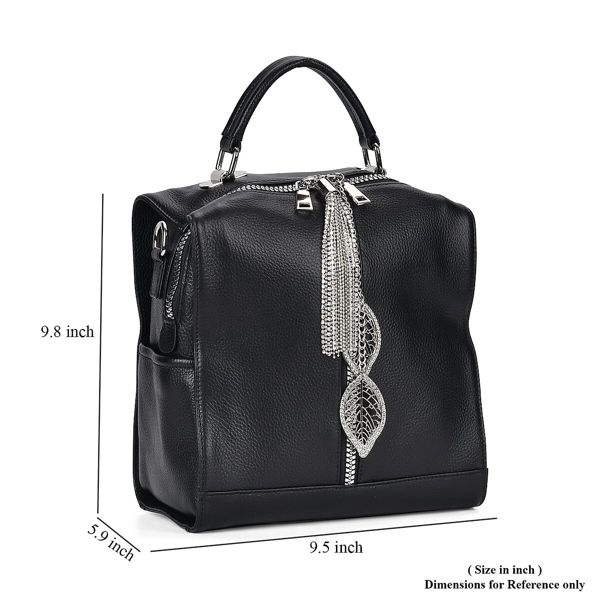 Black Multi-purpose Genuine Leather Crossbody Bag with Logo Two Leaves Tag & Tassel image number 6