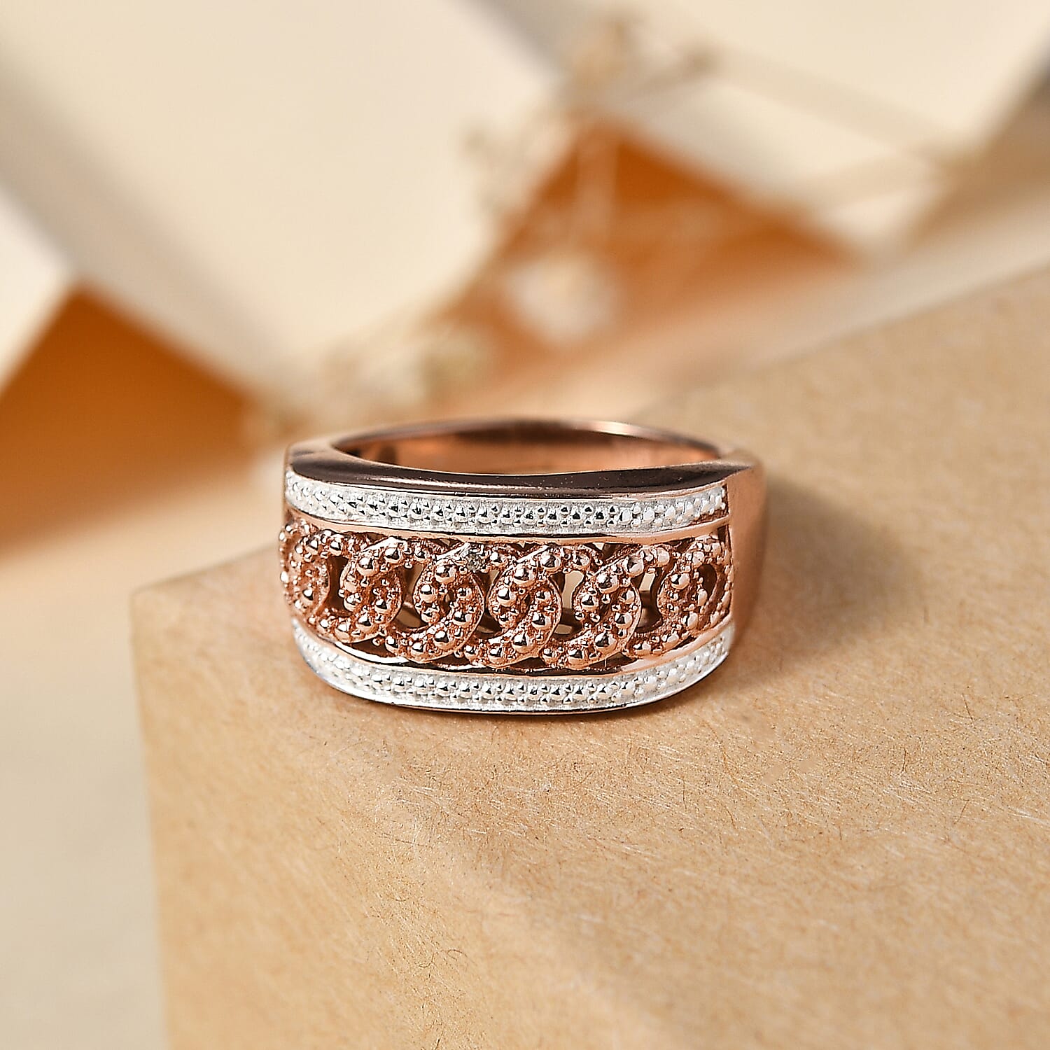 Karis Natural Champagne Diamond Accent Curb Ring in 18K RG Plated (Size 10.0)