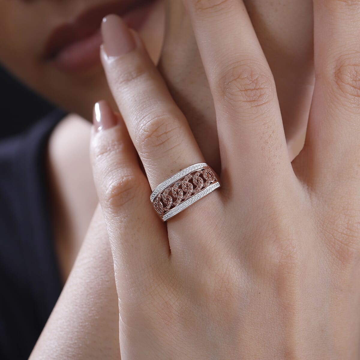 Karis Natural Champagne Diamond Accent Curb Ring in 18K RG Plated (Size 8.0) image number 2