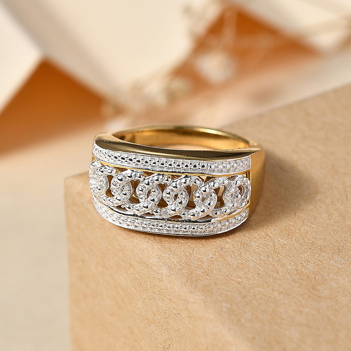 Karis White Diamond Accent Curb Ring in Platinum Bond & 18K YG Plated (Size 9.0) image number 1