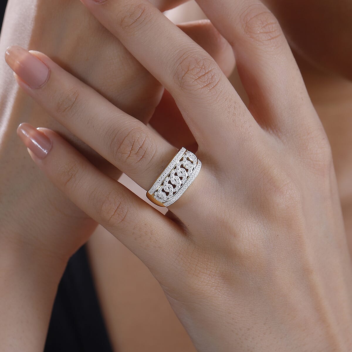 Karis White Diamond Accent Curb Ring in Platinum Bond & 18K YG Plated (Size 9.0) image number 2