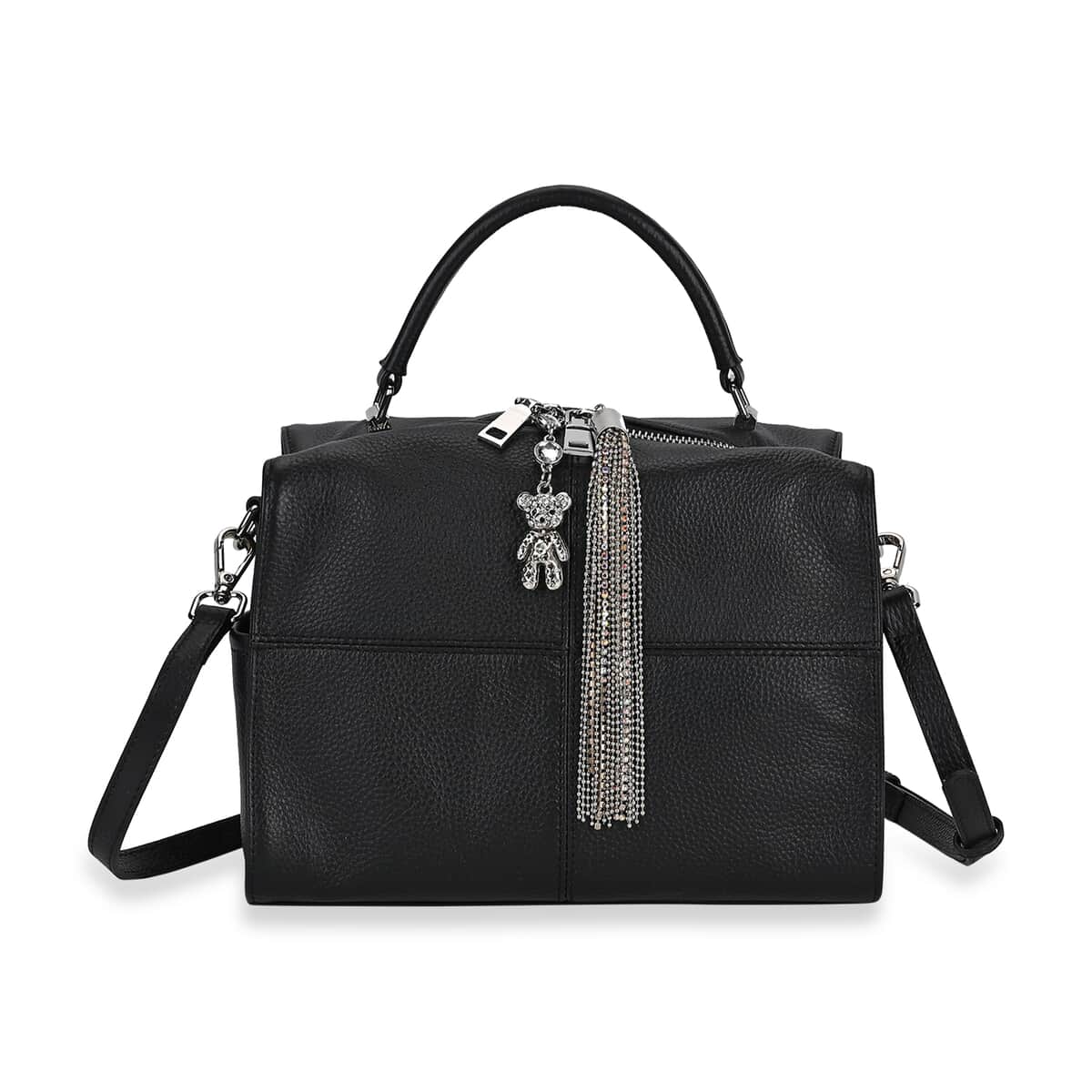 Black Genuine Leather Crossbody Bag with Bear Charm and Tassel Handle Drop and Two Shoulder Strap image number 0