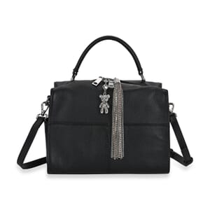Black Genuine Leather Crossbody Bag with Bear Charm and Tassel Handle Drop and Two Shoulder Strap