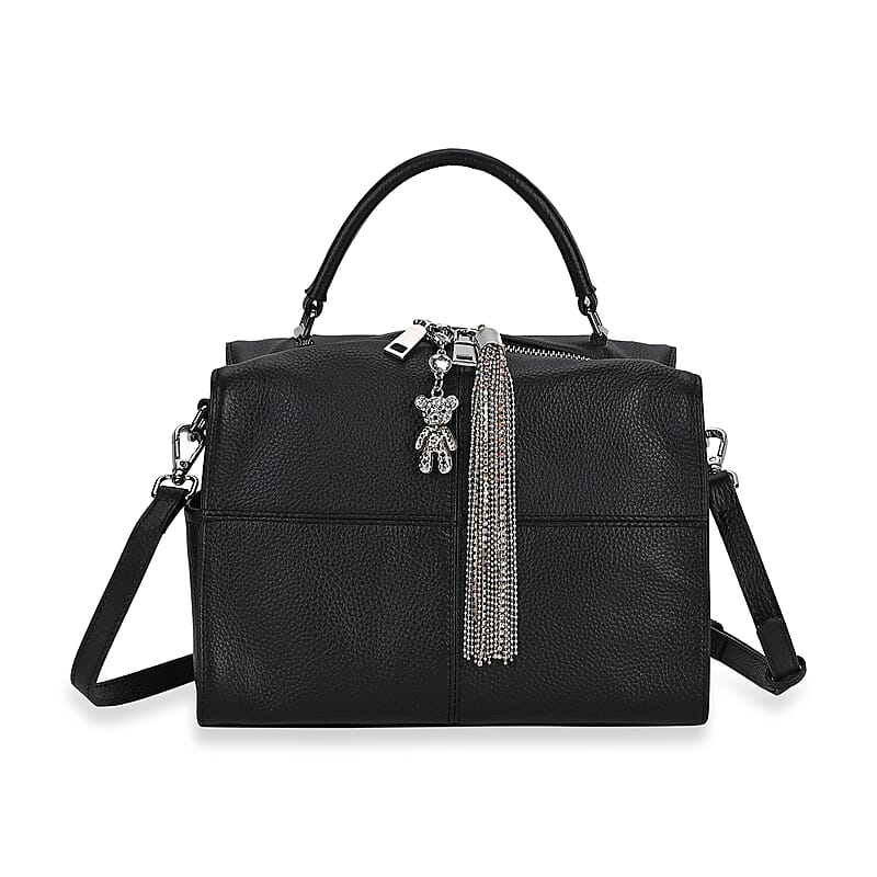 Black Genuine Leather Crossbody Bag with Bear Charm and Tassel Handle Drop and Two Shoulder Strap