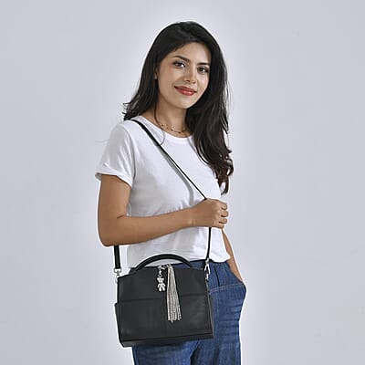Black Genuine Leather Crossbody Bag with Bear Charm and Tassel Handle Drop and Two Shoulder Strap