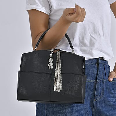 Black Genuine Leather Crossbody Bag with Bear Charm and Tassel Handle Drop and Two Shoulder Strap