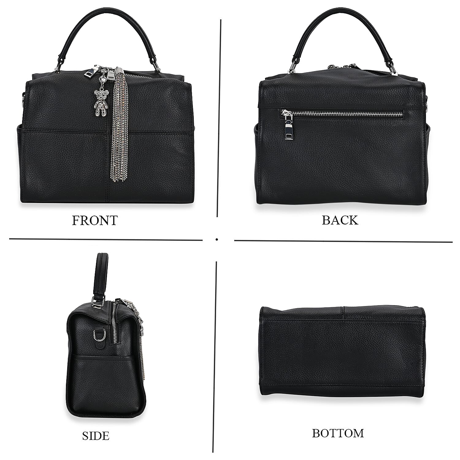 Black Genuine Leather Crossbody Bag with Bear Charm and Tassel Handle Drop and Two Shoulder Strap