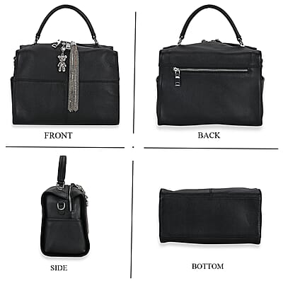 Black Genuine Leather Crossbody Bag with Bear Charm and Tassel Handle Drop and Two Shoulder Strap