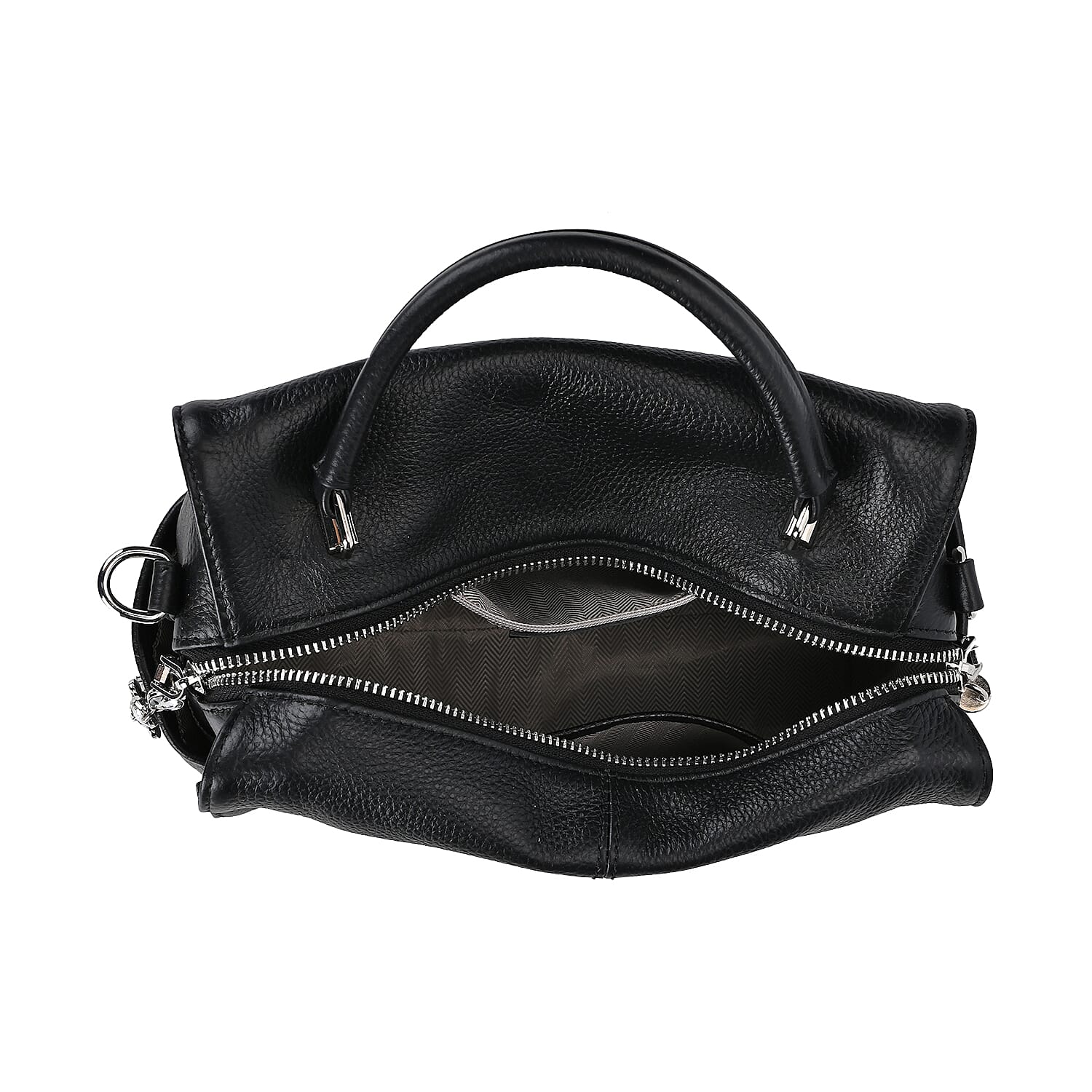 Black Genuine Leather Crossbody Bag with Bear Charm and Tassel Handle Drop and Two Shoulder Strap