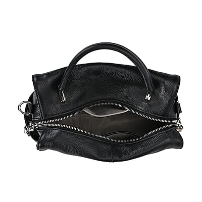 Black Genuine Leather Crossbody Bag with Bear Charm and Tassel Handle Drop and Two Shoulder Strap