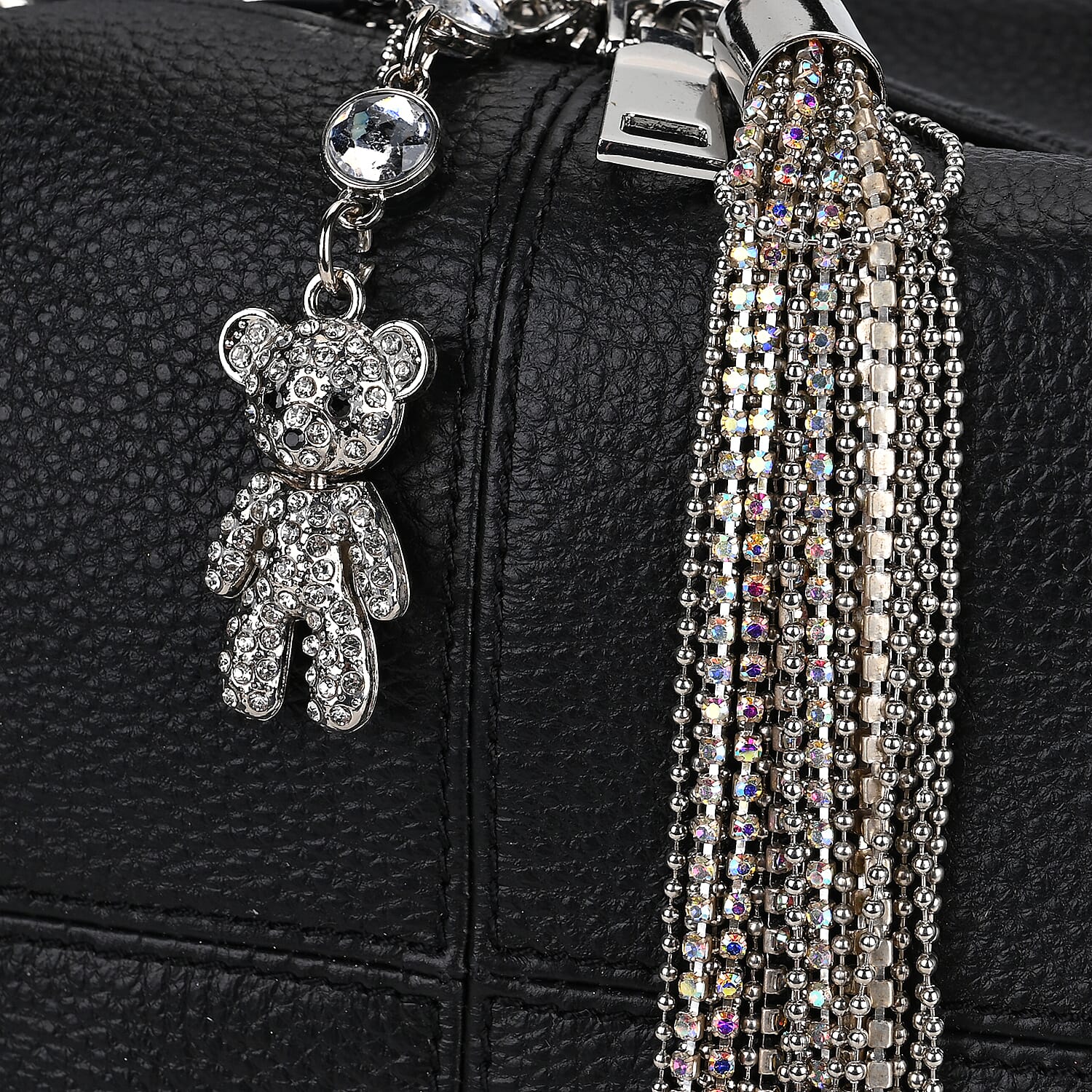 Black Genuine Leather Crossbody Bag with Bear Charm and Tassel Handle Drop and Two Shoulder Strap