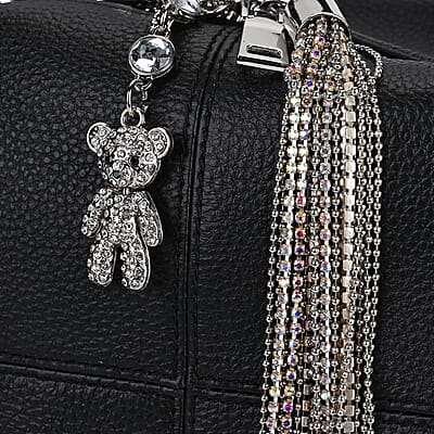 Black Genuine Leather Crossbody Bag with Bear Charm and Tassel Handle Drop and Two Shoulder Strap