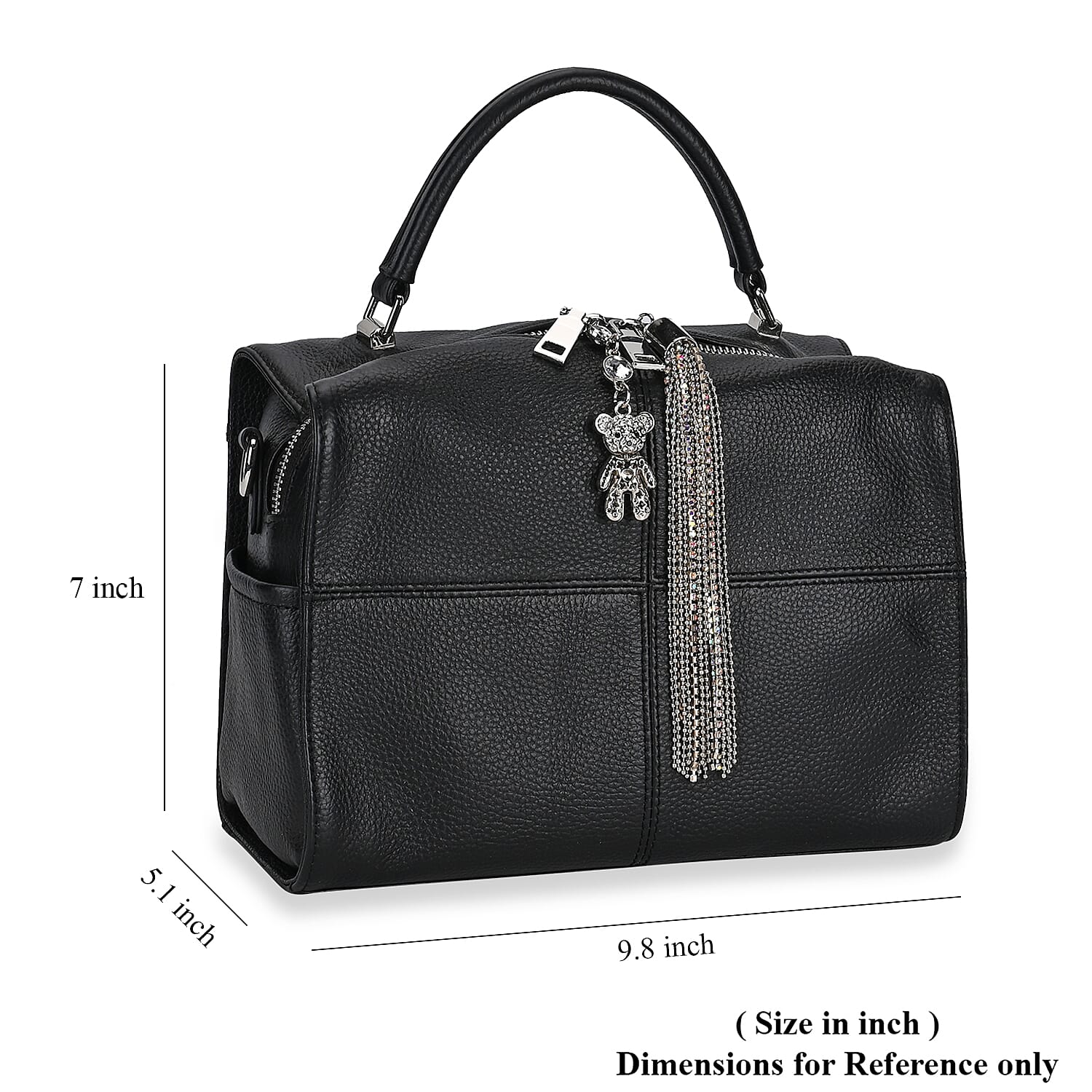 Black Genuine Leather Crossbody Bag with Bear Charm and Tassel Handle Drop and Two Shoulder Strap