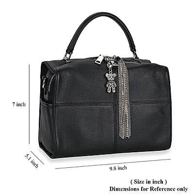 Black Genuine Leather Crossbody Bag with Bear Charm and Tassel Handle Drop and Two Shoulder Strap