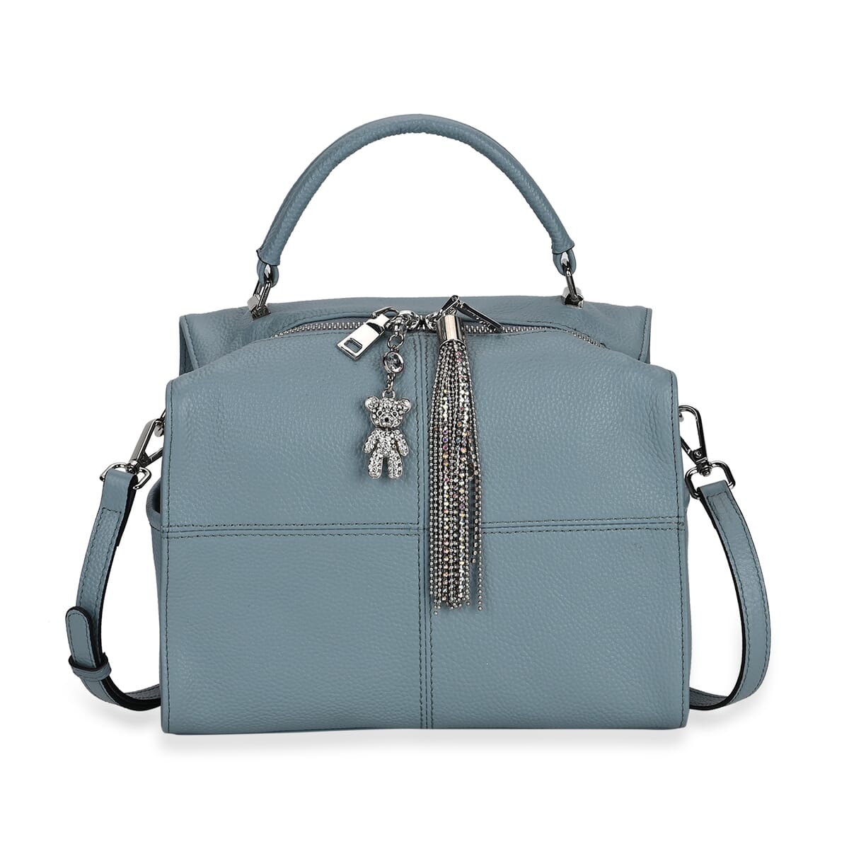 Blue Genuine Leather Crossbody Bag with Bear Charm and Tassel Handle Drop and Two Shoulder Strap image number 0