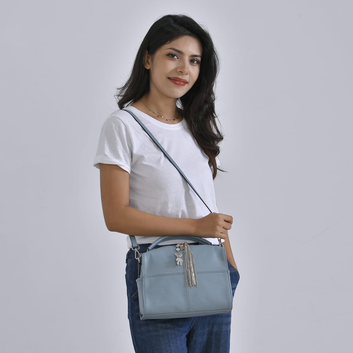 Blue Genuine Leather Crossbody Bag with Bear Charm and Tassel Handle Drop and Two Shoulder Strap image number 1