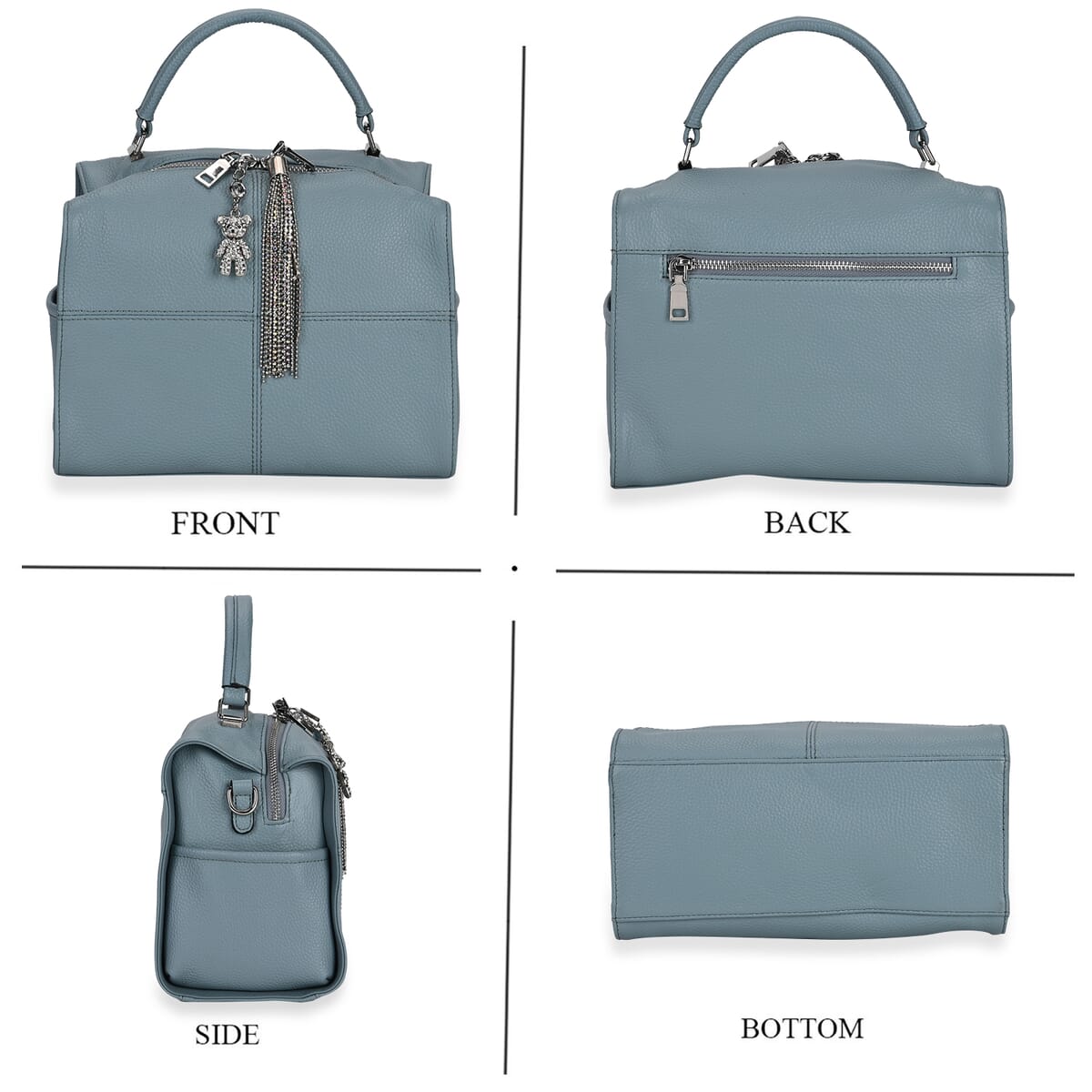 Blue Genuine Leather Crossbody Bag with Bear Charm and Tassel Handle Drop and Two Shoulder Strap image number 3