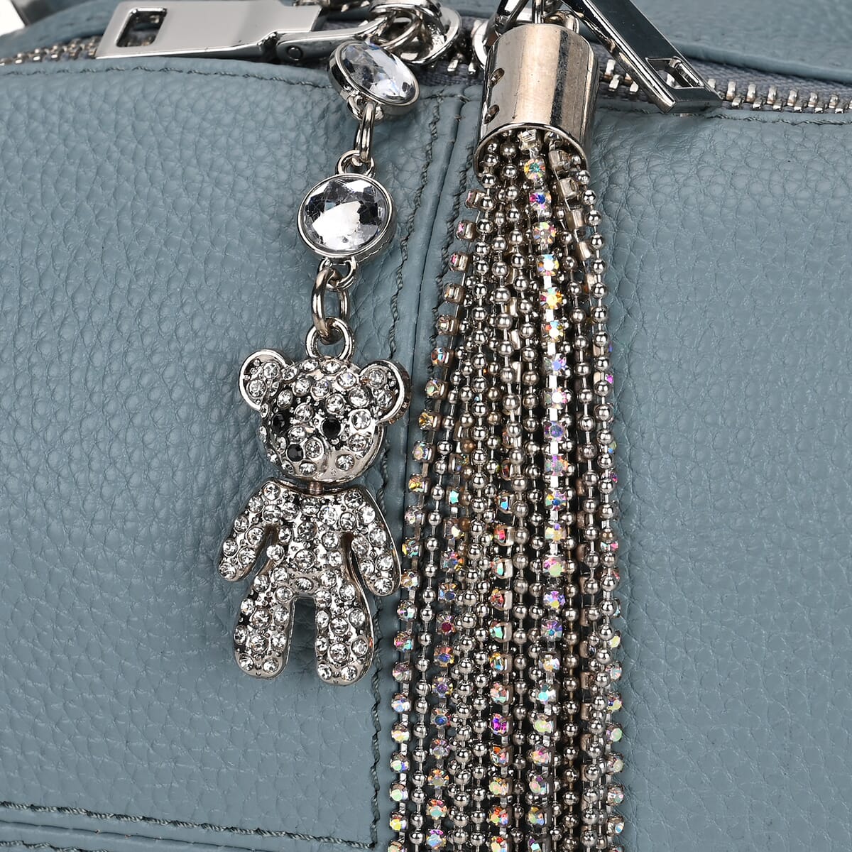 Blue Genuine Leather Crossbody Bag with Bear Charm and Tassel Handle Drop and Two Shoulder Strap image number 5