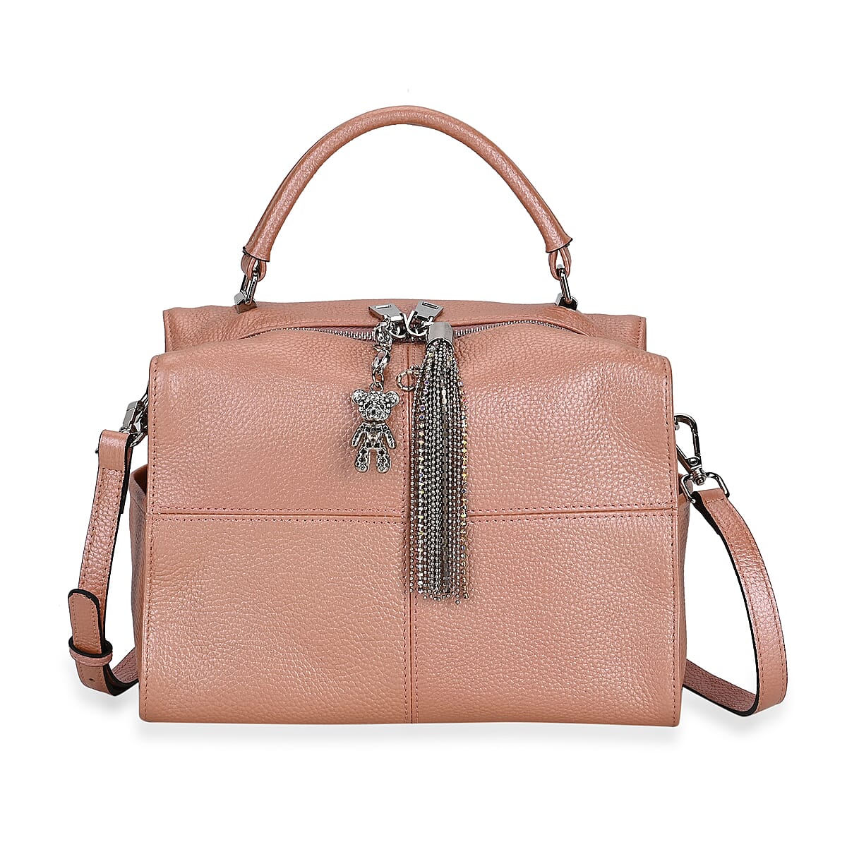 Pink Genuine Leather Crossbody Bag with Bear Charm and Tassel Handle Drop and Two Shoulder Strap image number 0