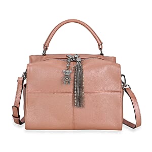 Pink Genuine Leather Crossbody Bag with Bear Charm and Tassel Handle Drop and Two Shoulder Strap