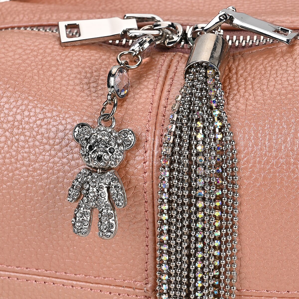 Pink Genuine Leather Crossbody Bag with Bear Charm and Tassel Handle Drop and Two Shoulder Strap image number 5