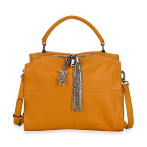 Yellow Genuine Leather Crossbody Bag with Bear Charm and Tassel Handle Drop and Two Shoulder Strap