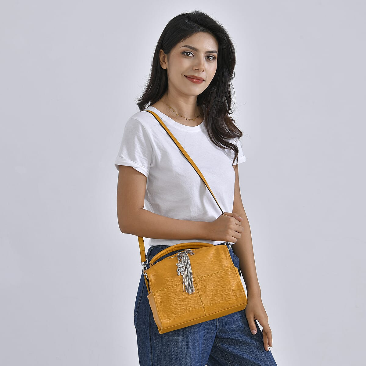 Yellow Genuine Leather Crossbody Bag with Bear Charm and Tassel Handle Drop and Two Shoulder Strap image number 1