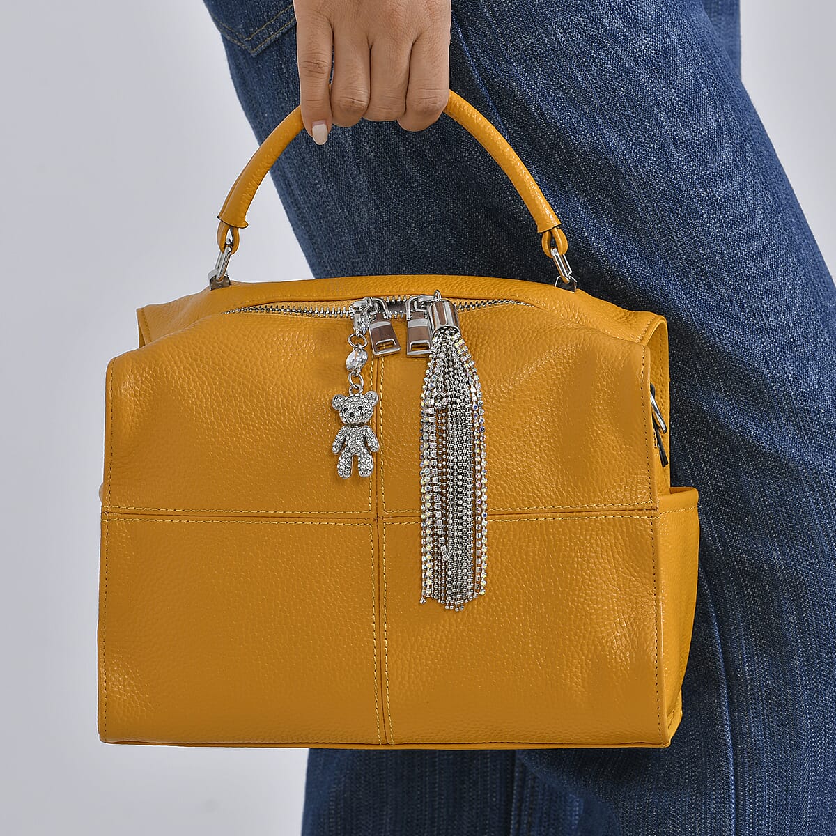 Yellow Genuine Leather Crossbody Bag with Bear Charm and Tassel Handle Drop and Two Shoulder Strap image number 2