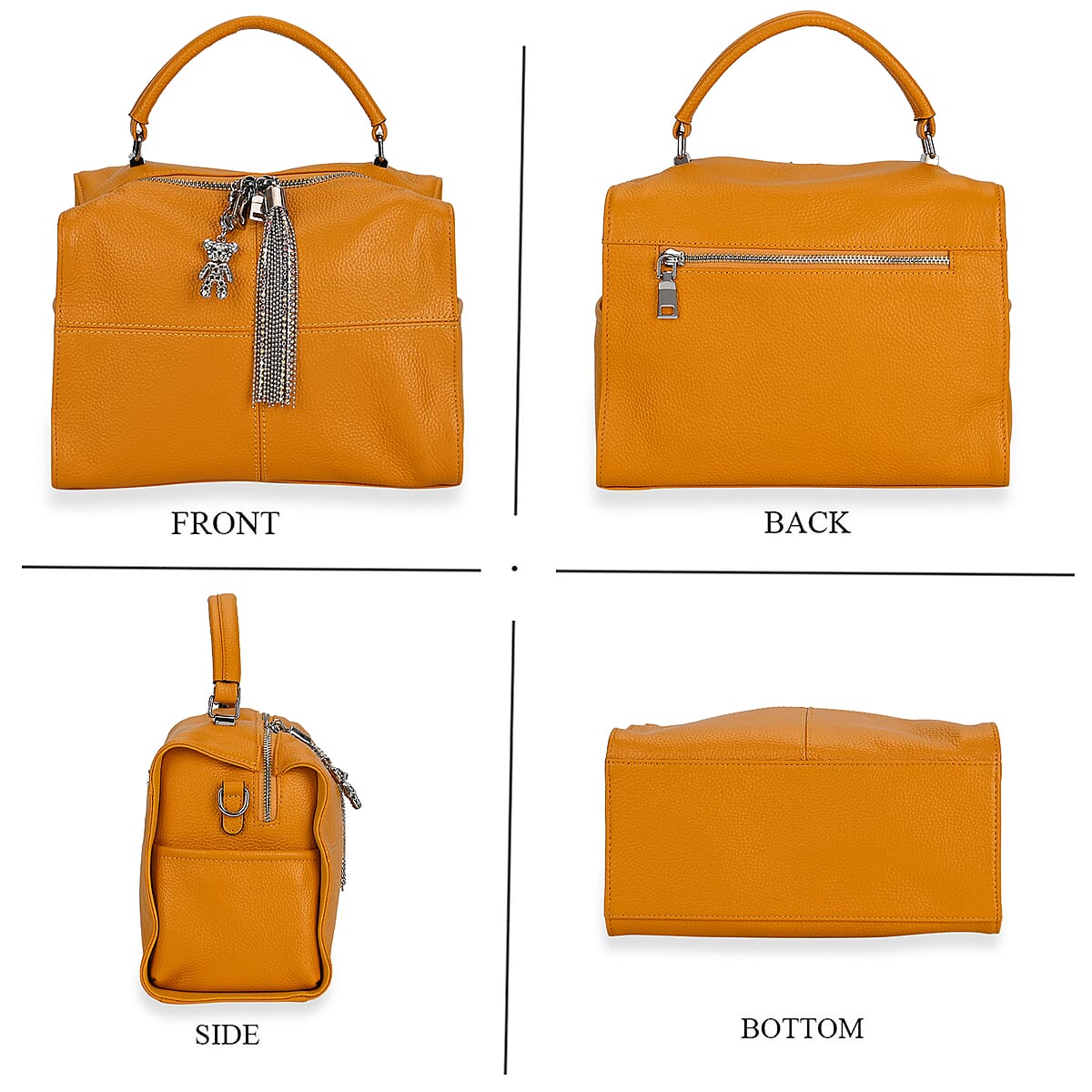 Yellow Genuine Leather Crossbody Bag with Bear Charm and Tassel Handle Drop and Two Shoulder Strap image number 3