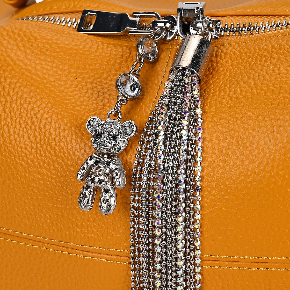 Yellow Genuine Leather Crossbody Bag with Bear Charm and Tassel Handle Drop and Two Shoulder Strap image number 5