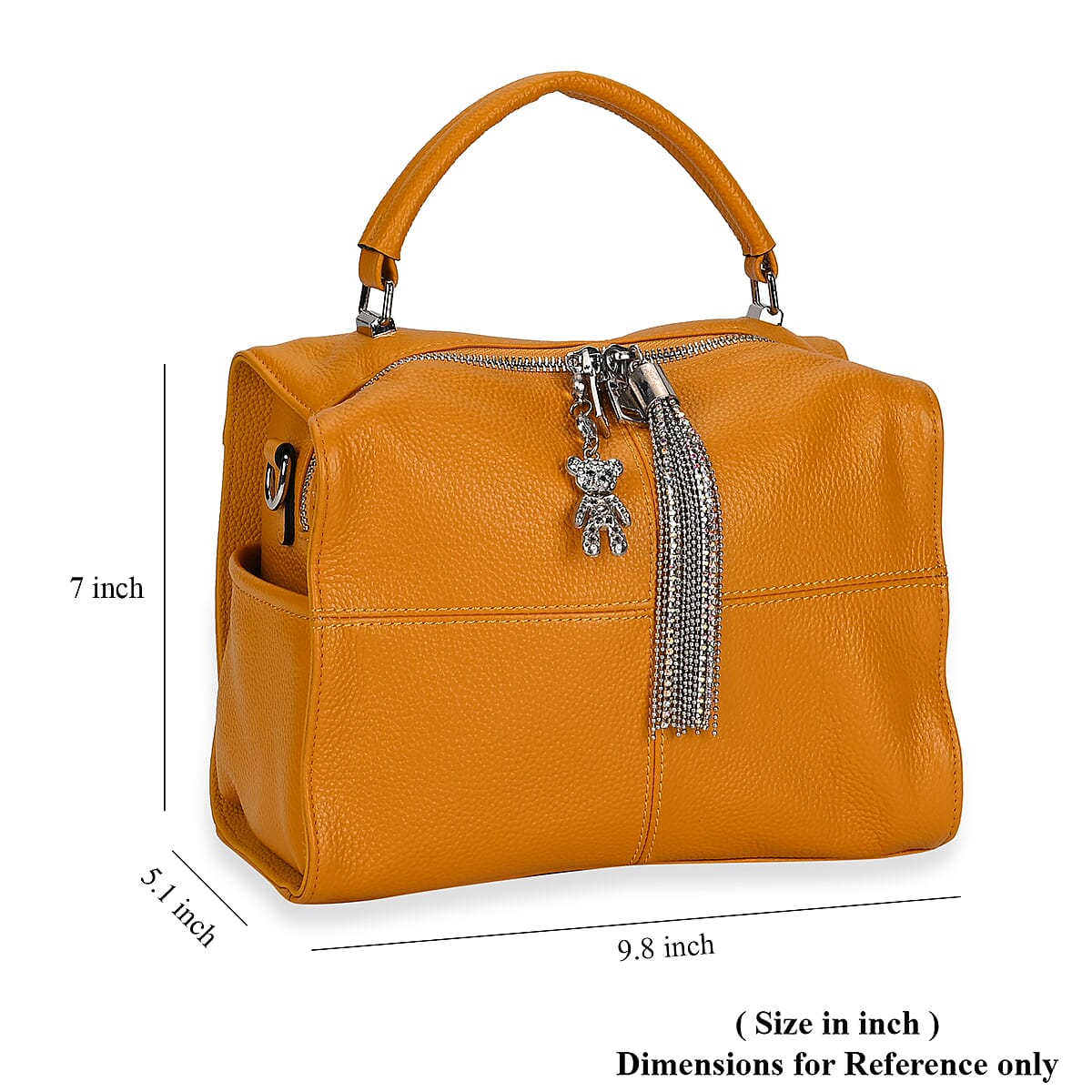 Yellow Genuine Leather Crossbody Bag with Bear Charm and Tassel Handle Drop and Two Shoulder Strap image number 6