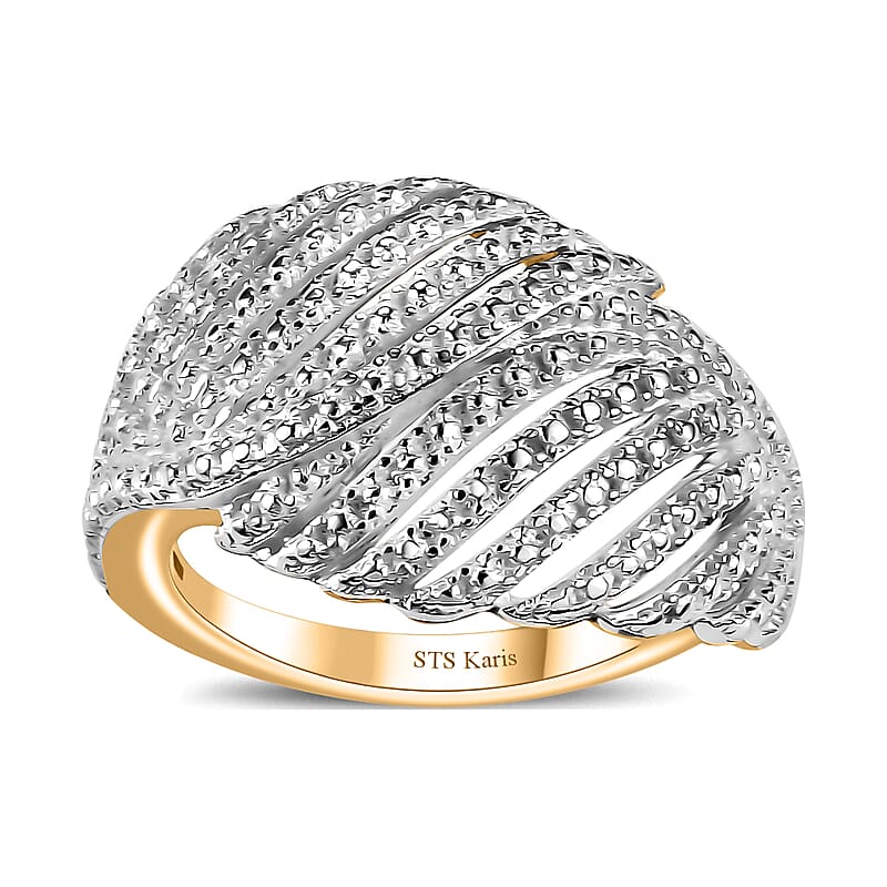 Karis Diamond Accent Bypass Feather Ring in Rhodium and 18K YG Plated (Size 10.0)