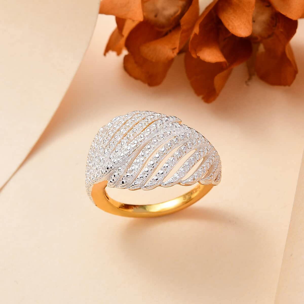 Karis Diamond Accent Bypass Feather Ring in Rhodium and 18K YG Plated (Size 10.0) image number 1