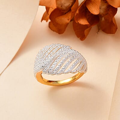 Karis Diamond Accent Bypass Feather Ring in Rhodium and 18K YG Plated (Size 10.0)