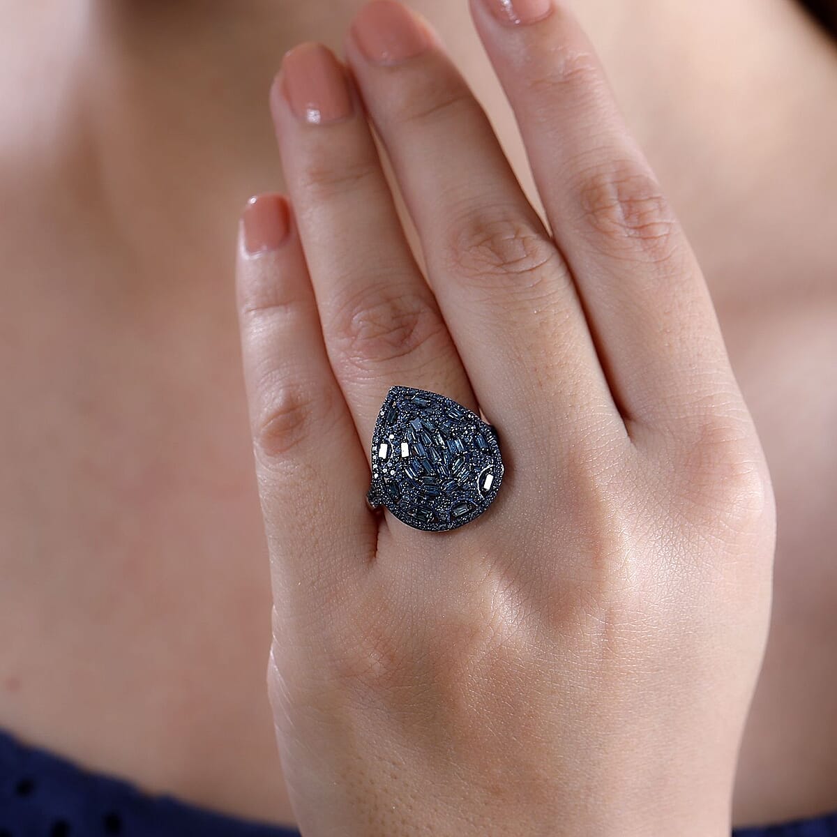 D'Joy Blue Diamond 1.00 ctw Victorian Era Ring in Rhodium Over Sterling Silver (Size 7.0) image number 2