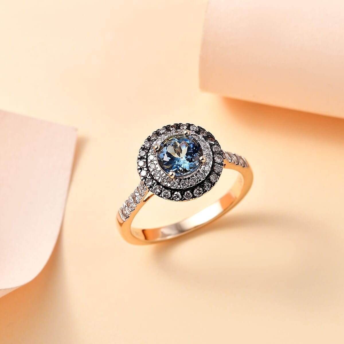 Luxoro AAA Santa Maria Aquamarine, Natural Champagne and G-H I2 Diamond 1.85 ctw Ring in 14K Yellow Gold (Size  9.0) image number 1