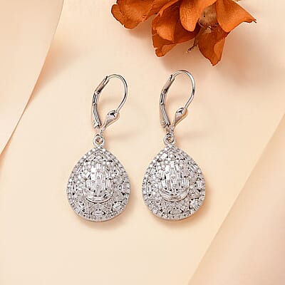White Diamond 1.00 ctw Victorian Era Earrings in Rhodium Over Sterling Silver