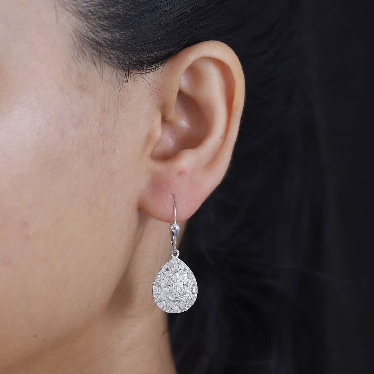 White Diamond 1.00 ctw Lever Back Earrings in Rhodium Over Sterling Silver image number 2