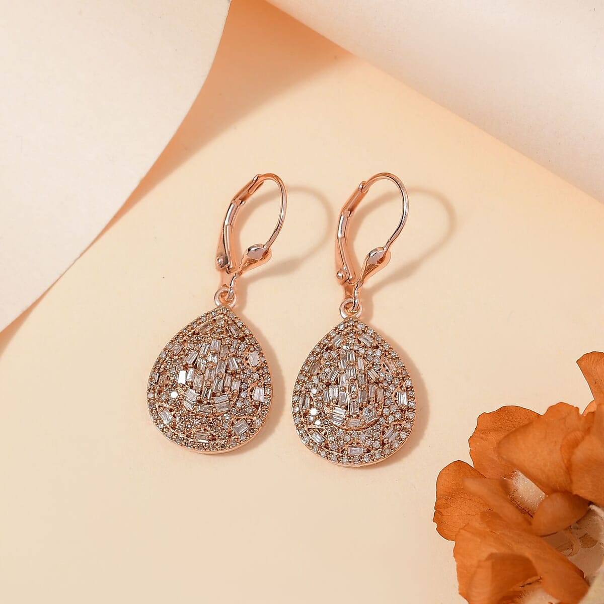 Natural Champagne Diamond 1.00 ctw Victorian Era Earrings in 18K Vermeil Rose Gold Over Sterling Silver image number 1