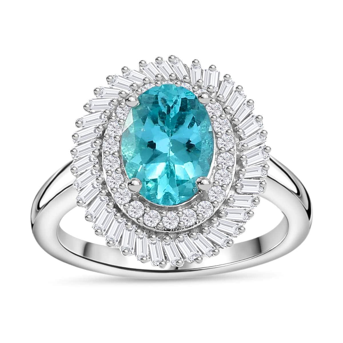 Lagoon Apatite, Diamond (0.30 cts) Double Halo Ring in Rhodium Over Sterling Silver (Size 10.0) 1.65 ctw image number 0