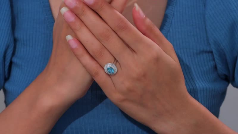 Lagoon Apatite, Diamond (0.30 cts) Double Halo Ring in Rhodium Over Sterling Silver (Size 10.0) 1.65 ctw