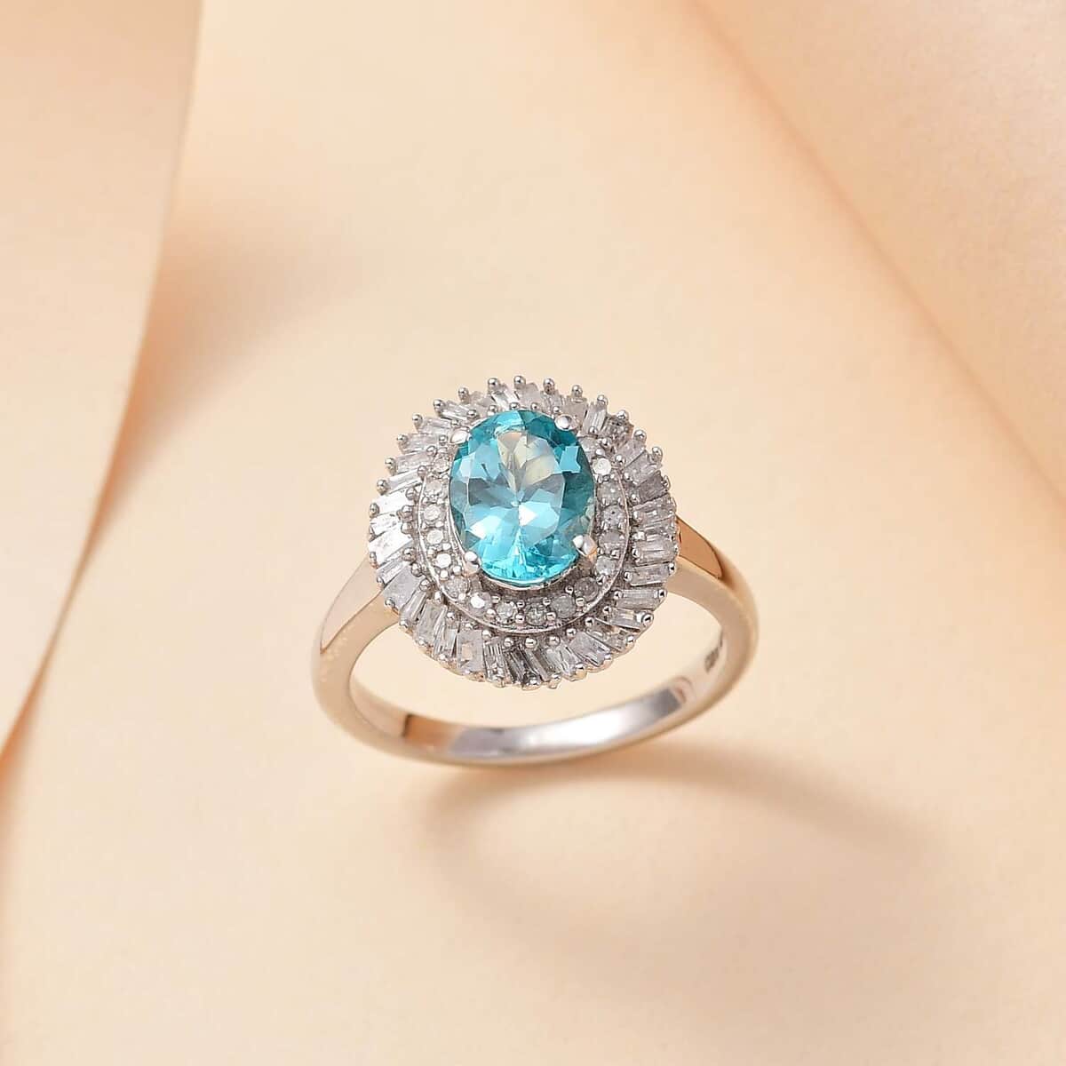 Lagoon Apatite, Diamond (0.30 cts) Double Halo Ring in Rhodium Over Sterling Silver (Size 10.0) 1.65 ctw image number 1