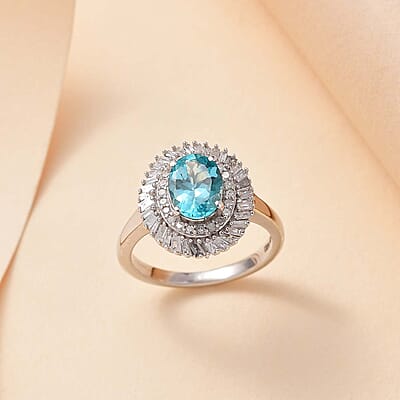 Madagascar Lagoon Apatite and Diamond 1.65 ctw Spirit of the Sea Ring in Rhodium Over Sterling Silver (Size 10.0)