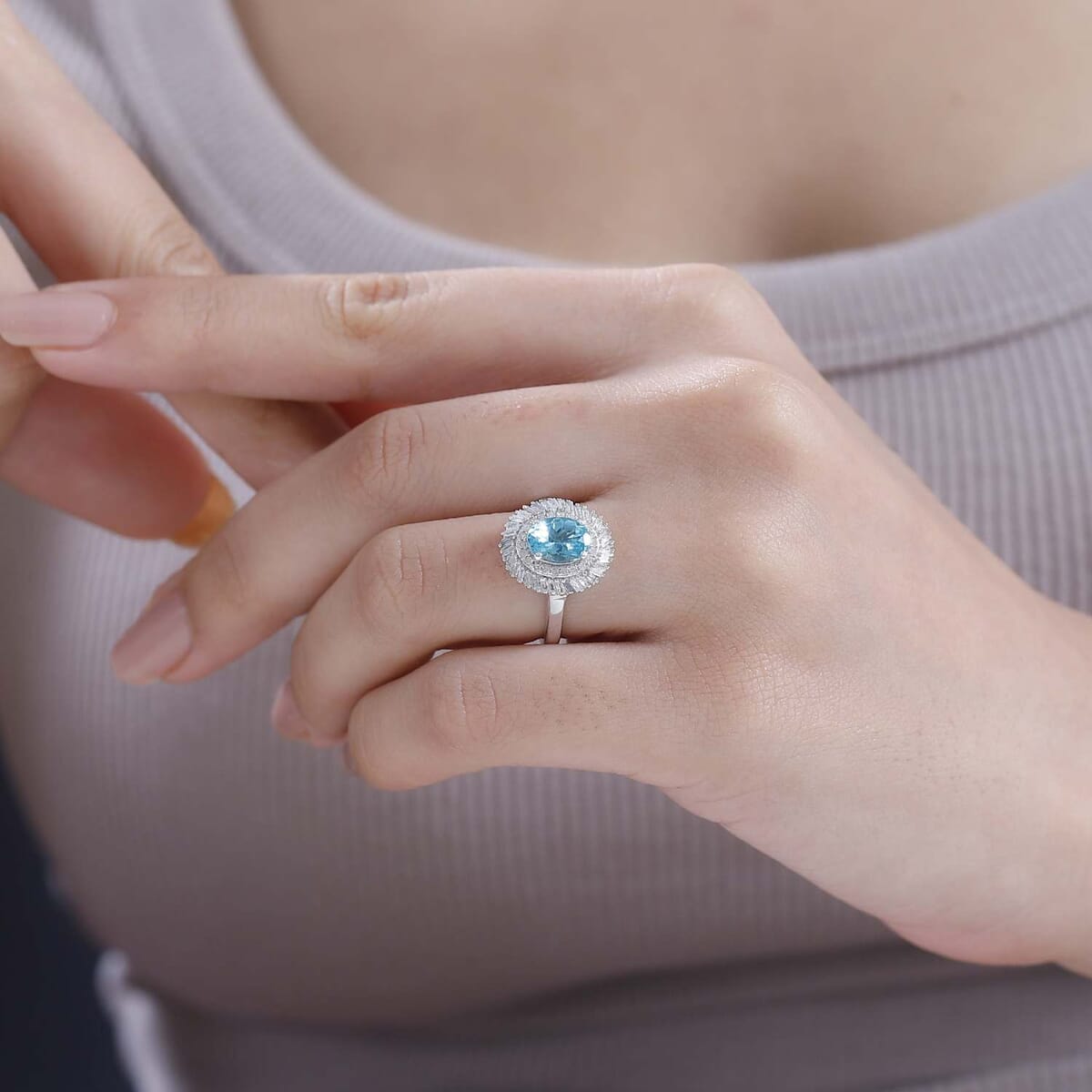 Madagascar Lagoon Apatite and Diamond 1.65 ctw Spirit of the Sea Ring in Rhodium Over Sterling Silver (Size 9.0) image number 2