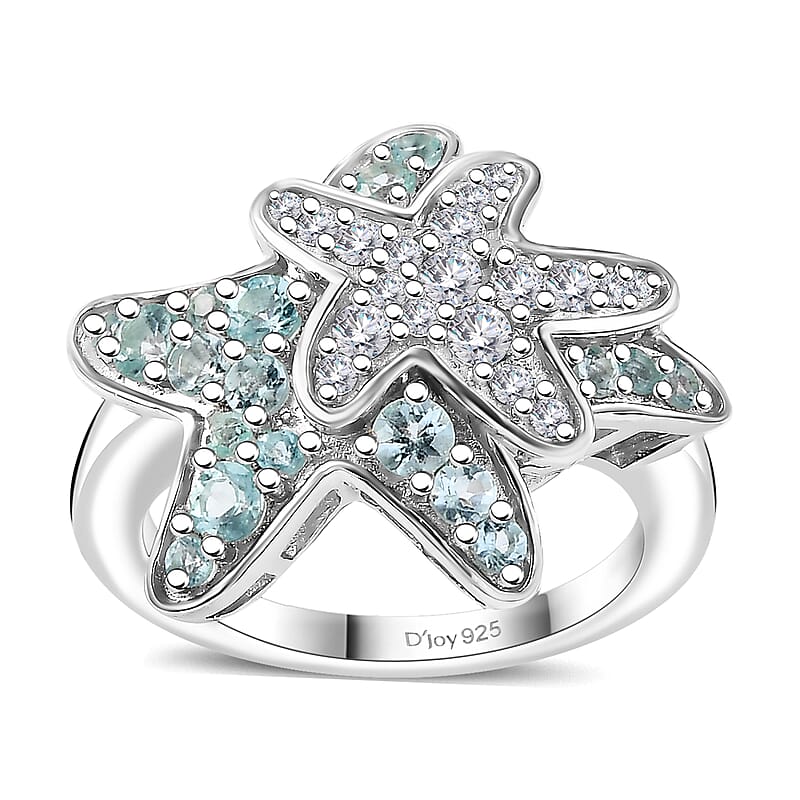 Madagascar Lagoon Apatite and Moissanite 1.00 ctw Star Fish Ring in Rhodium Over Sterling Silver (Size 10.0)