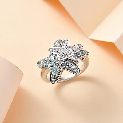 Madagascar Lagoon Apatite and Moissanite 1.00 ctw Star Fish Ring in Rhodium Over Sterling Silver (Size 10.0)